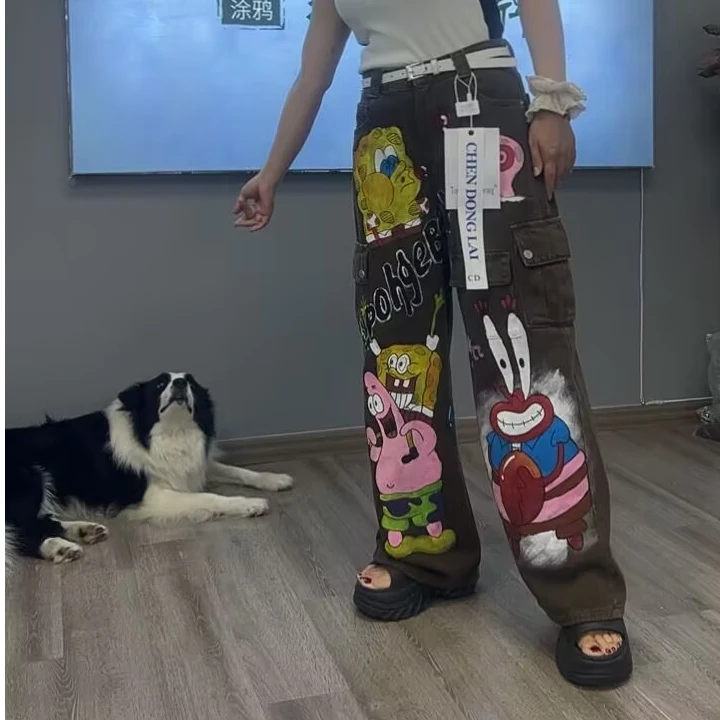 【lele原创设计】 气质潮牌手绘宽松工装牛仔裤