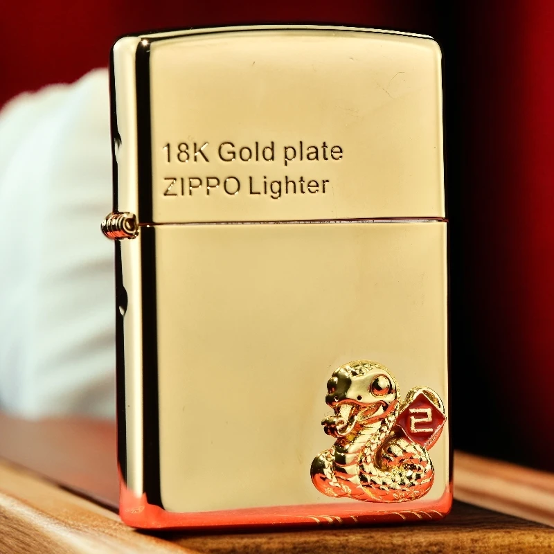 zippo打火机金蛇镀金贴章夜光生肖蛇蛇年大吉18K金蛇DYJ1