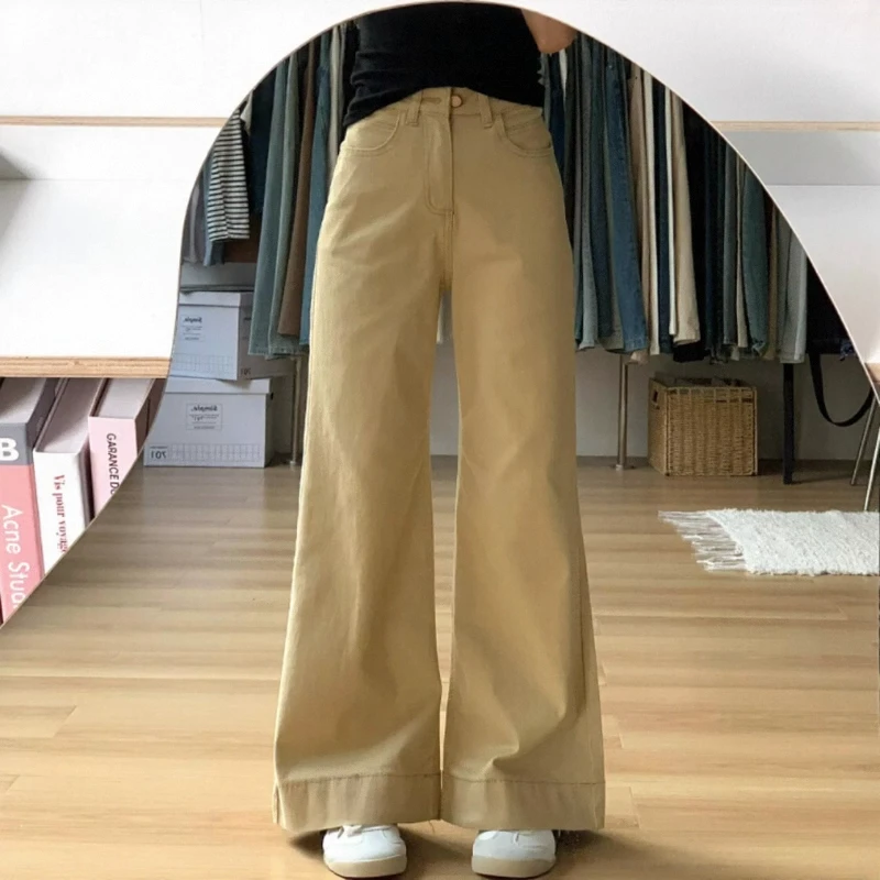 美式复古卡其色不贴腿牛仔裤女秋季宽松高腰显瘦百搭阔腿微喇裤子