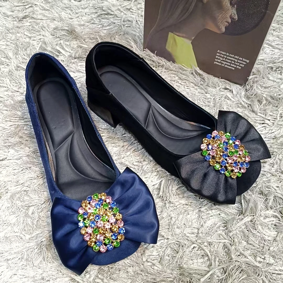 粗跟浅口单鞋女2025春秋新款羊皮磨砂方头高级感蝴蝶结中跟乐福鞋