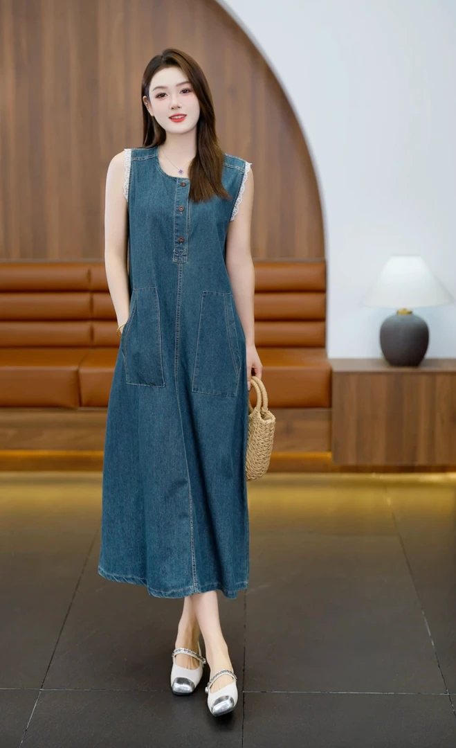 韩系chic蕾丝拼接无袖连衣裙女2025夏季薄款气质时尚复古牛仔长裙