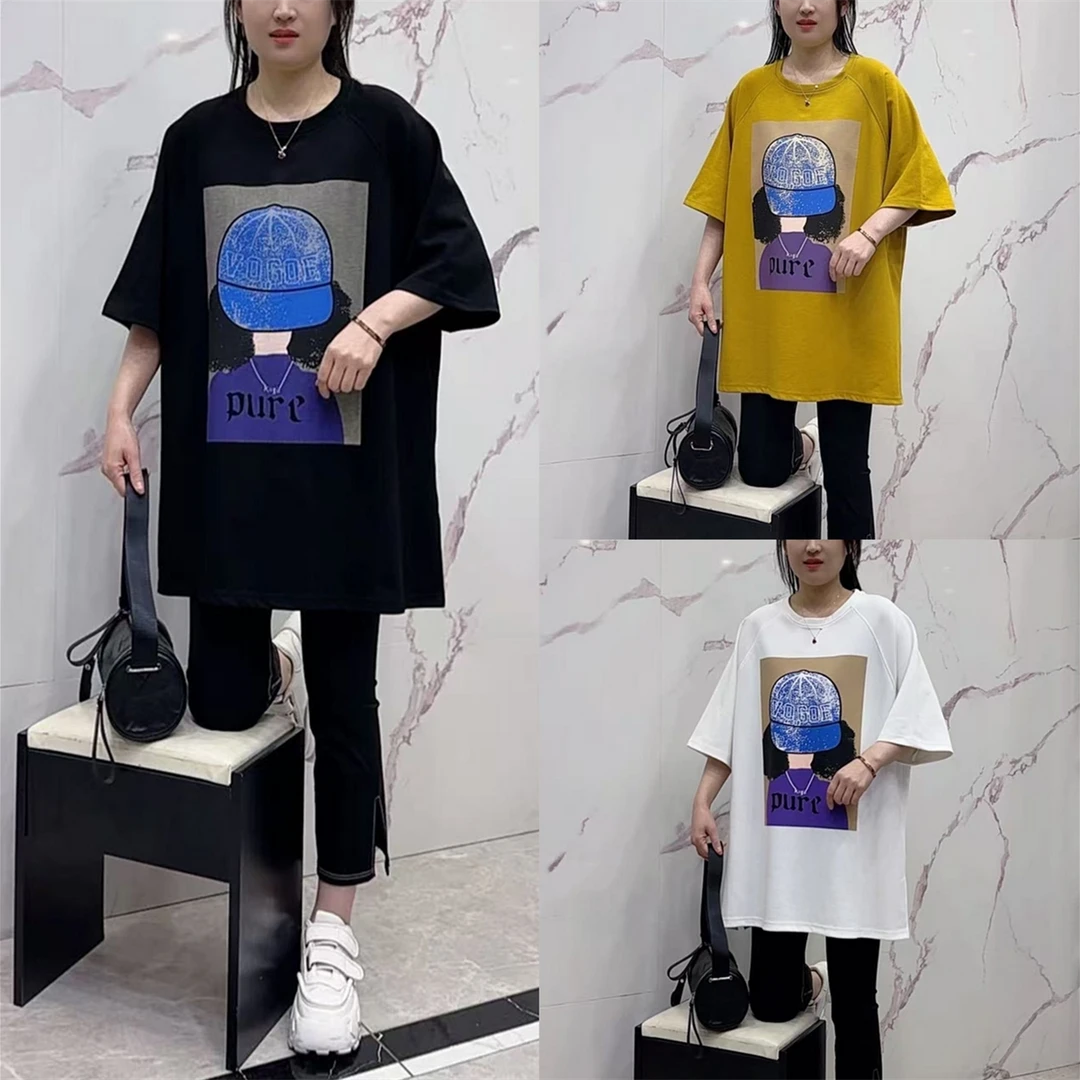 夏季新款棒球帽女孩印花半袖侧边开叉时尚百搭中长款圆领T恤