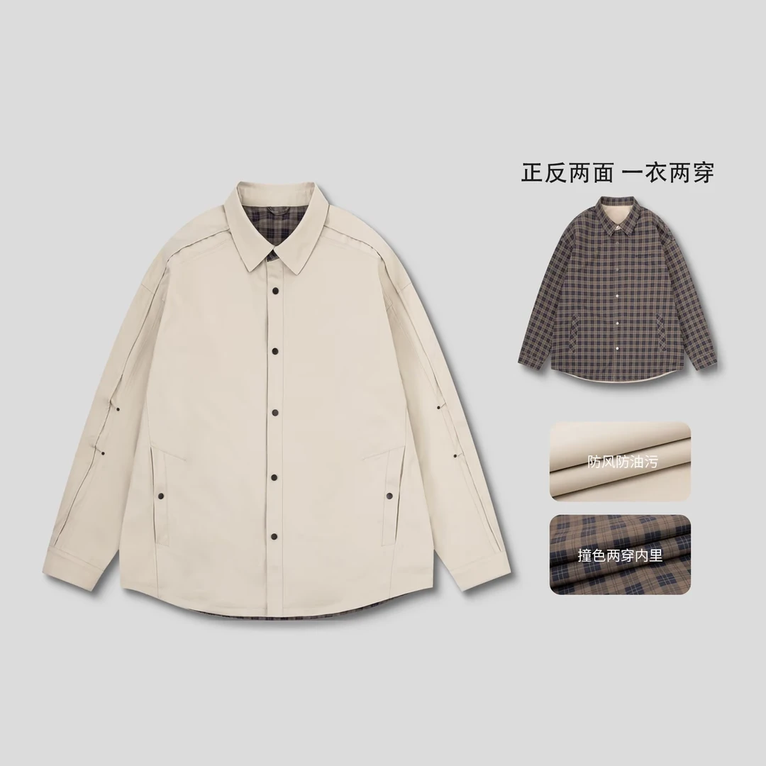 秋季新款复古格纹双面穿休闲翻领长袖衬衫夹克外套