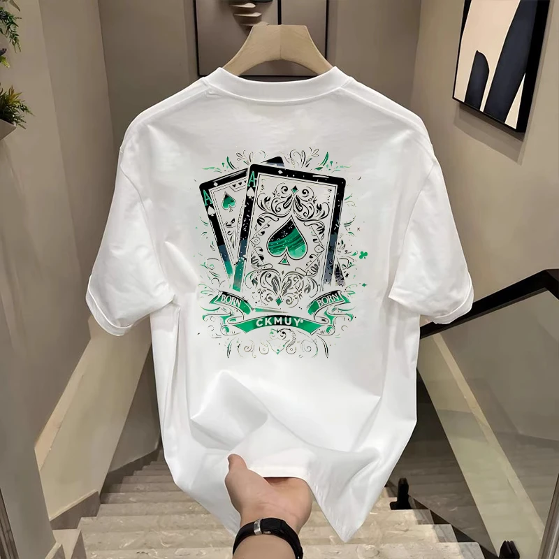 100%纯棉美式夏季潮流短袖扑克t恤男女高街oversize情侣ins风上衣