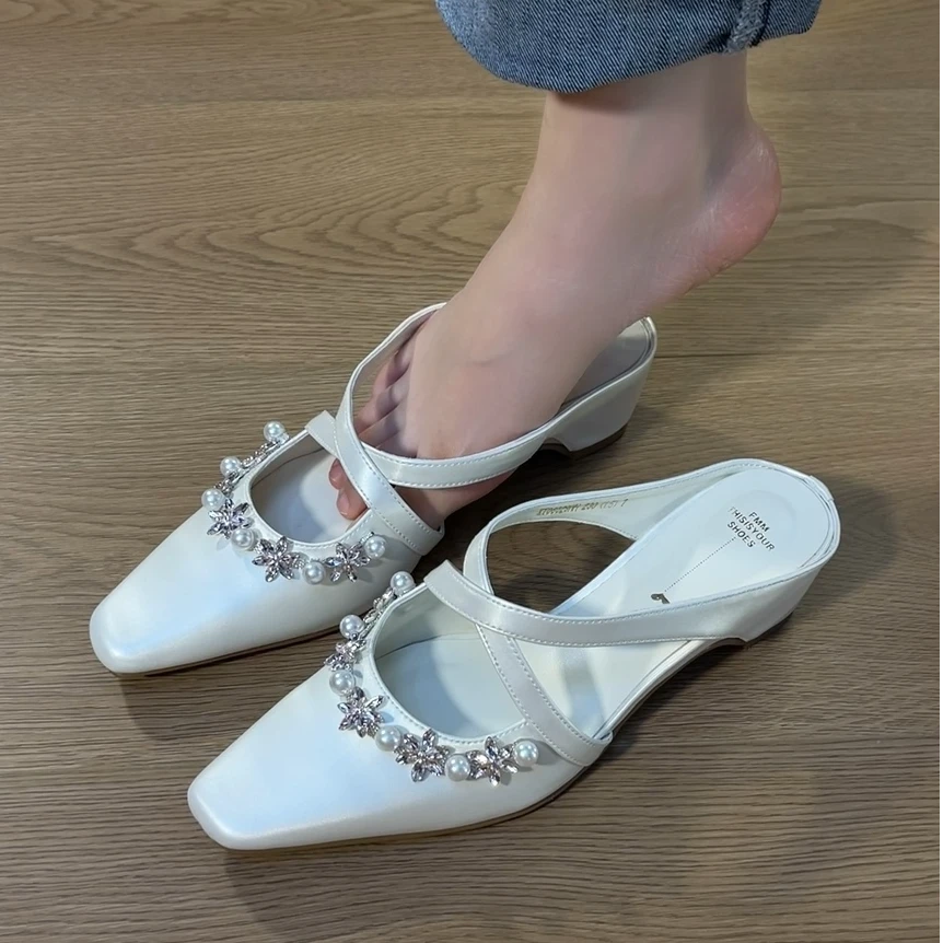 拖鞋2025年新款夏季方头增高气质低跟交叉带半拖鞋百搭时尚女鞋