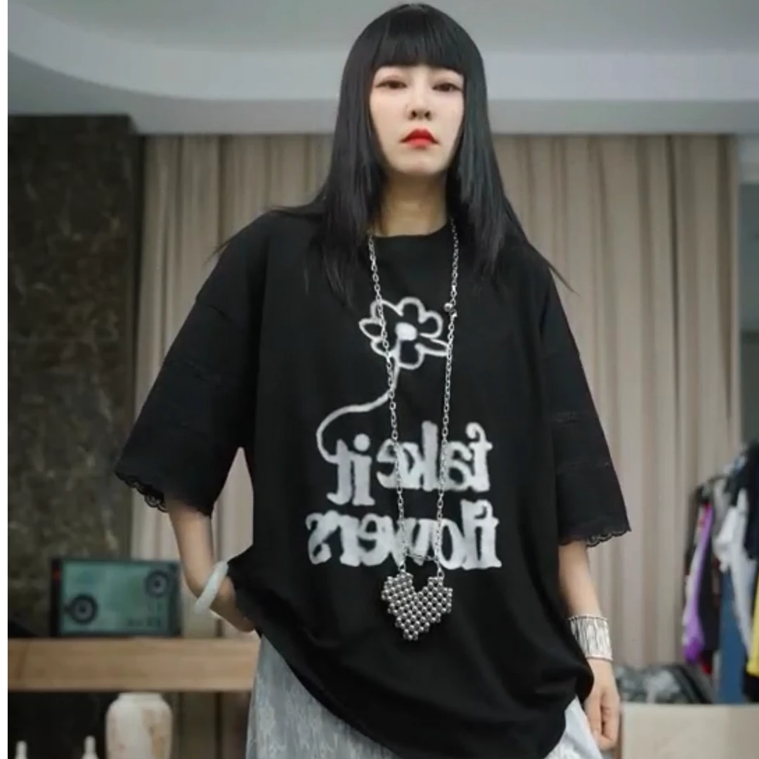 infobyfive福利夏季新款字母黑小花短袖圆领T恤NF0504275