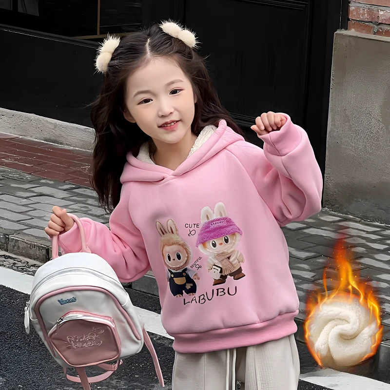 女童秋冬字母加绒连帽卫衣2025新款宝宝冬季洋气上衣儿童加厚冬装