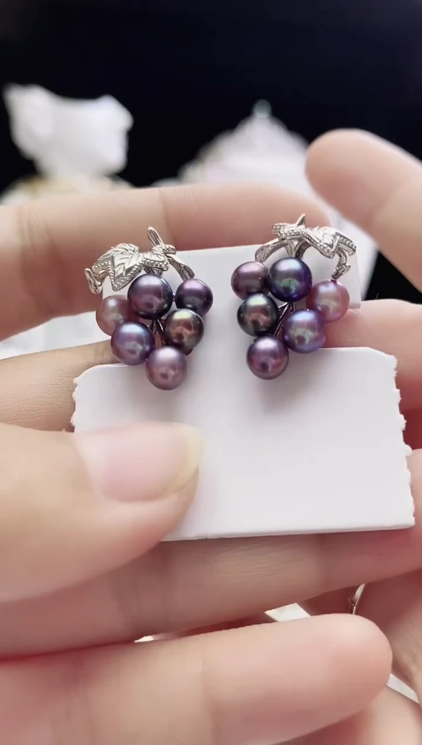 银S925镶嵌耳饰淡水珍珠淡水紫珠耳饰