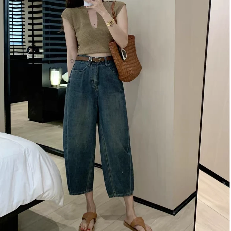 大码香蕉裤哈伦裤牛仔裤女新款奶奶裤夏季宽松百搭高腰九分裤薄