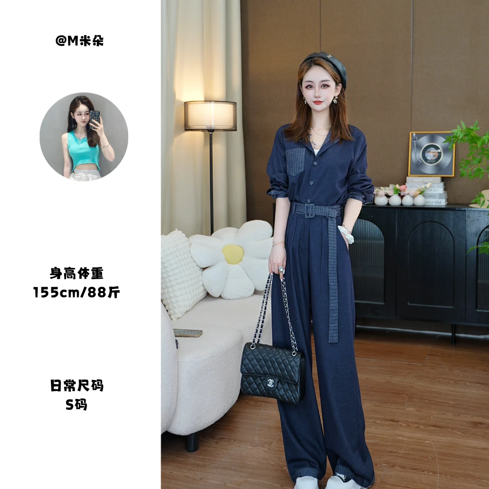 高级感休闲套装2025年秋季新款蓝色翻领宽松长袖两件套女装