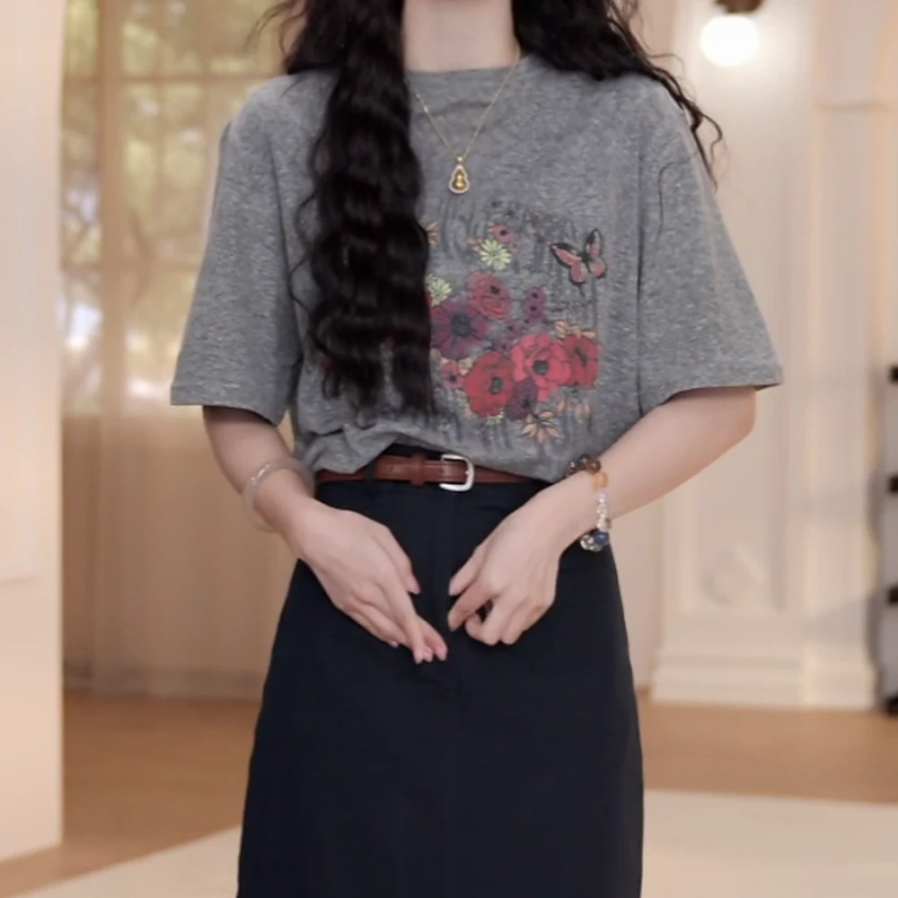 蝴蝶花印花短袖百搭夏季T恤女2025年夏季新款复古宽松上衣气质
