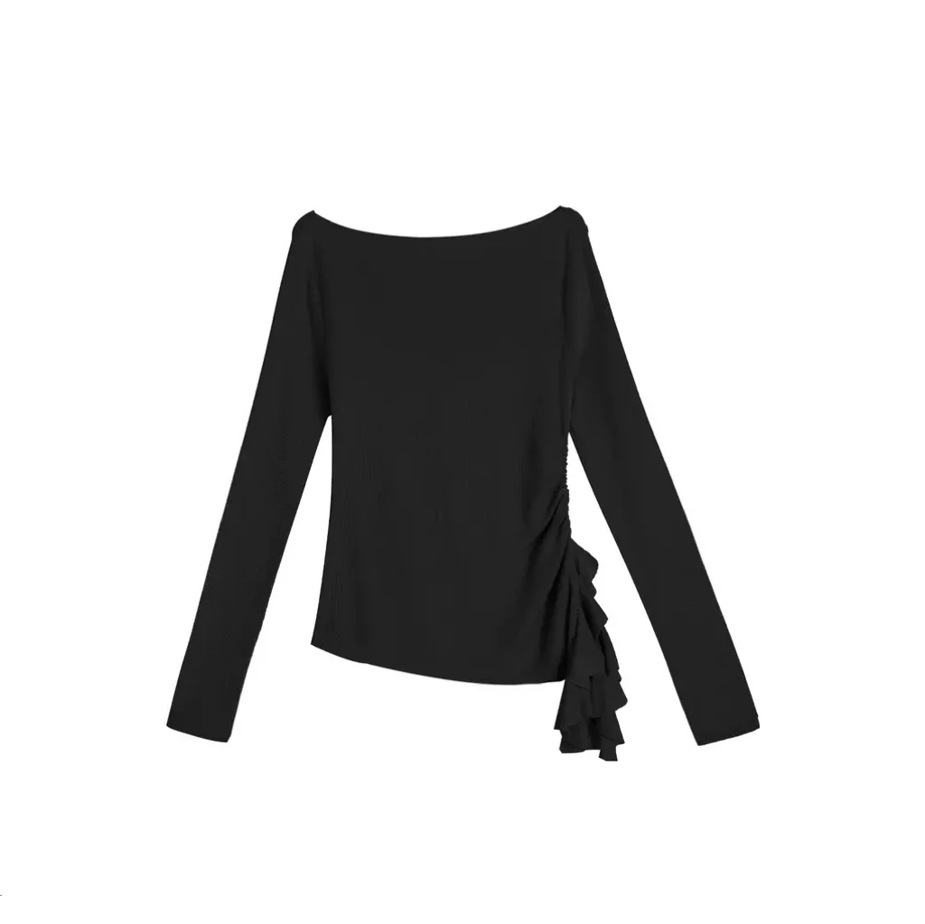 设计感一字领侧飘带收腰显瘦开叉长袖针织衫-天丝上衣