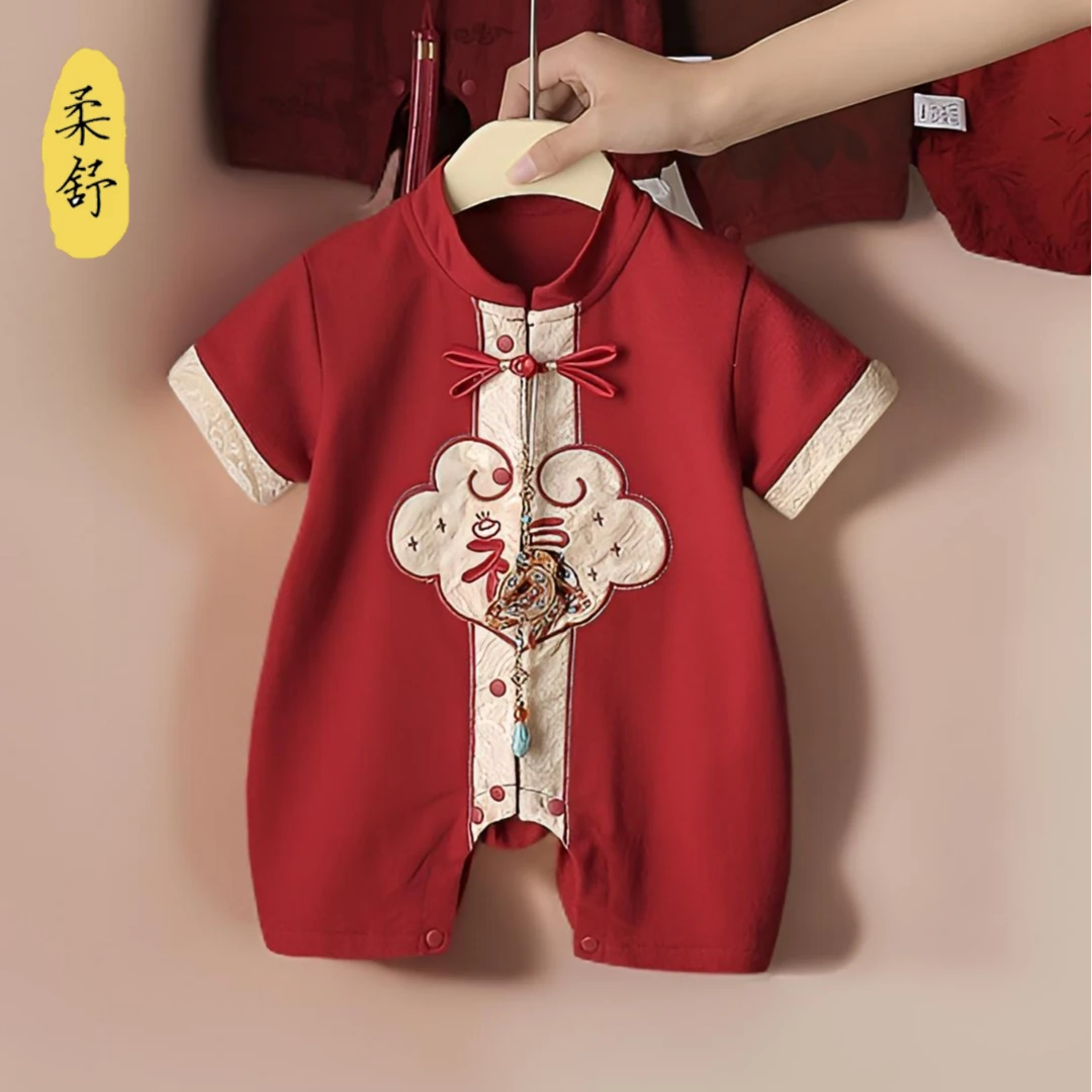 抓周婴儿衣服红色喜庆周岁宴宝宝夏季薄款连体衣国风礼服夏装哈衣