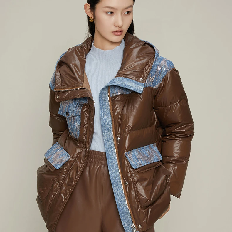 【羊羊专属】曼德诗中长款羽绒服牛仔亮片拼接时尚复古外D427301163