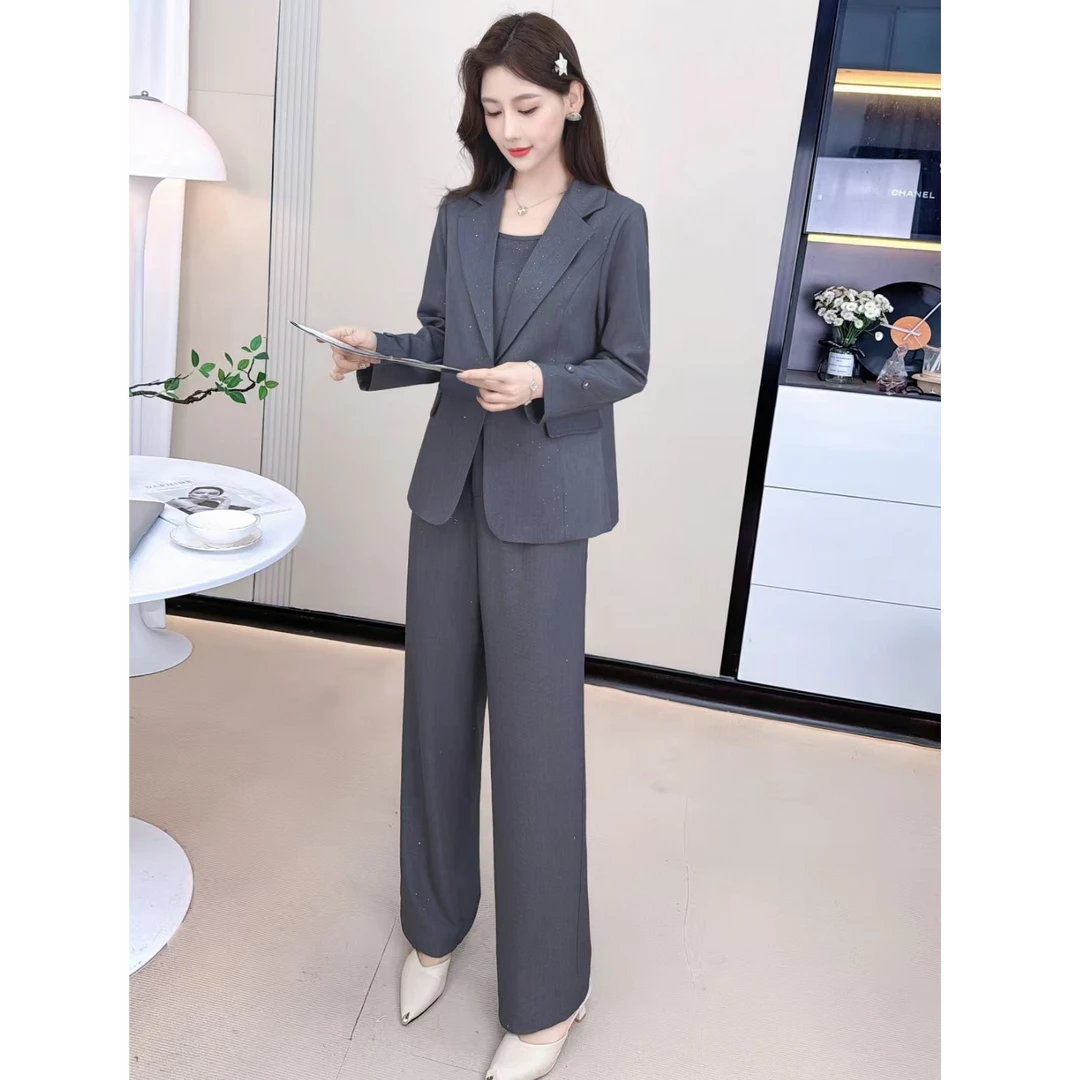 气质早春休闲西服套装新款洋气西装外套阔腿裤三件套502#
