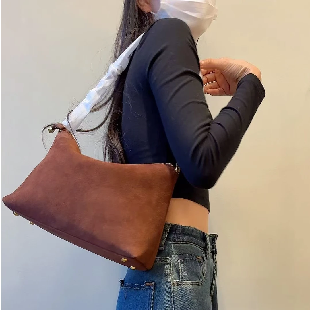 头层牛皮包真皮女包hobo包翻毛皮磨砂皮牛反绒皮包枕头包