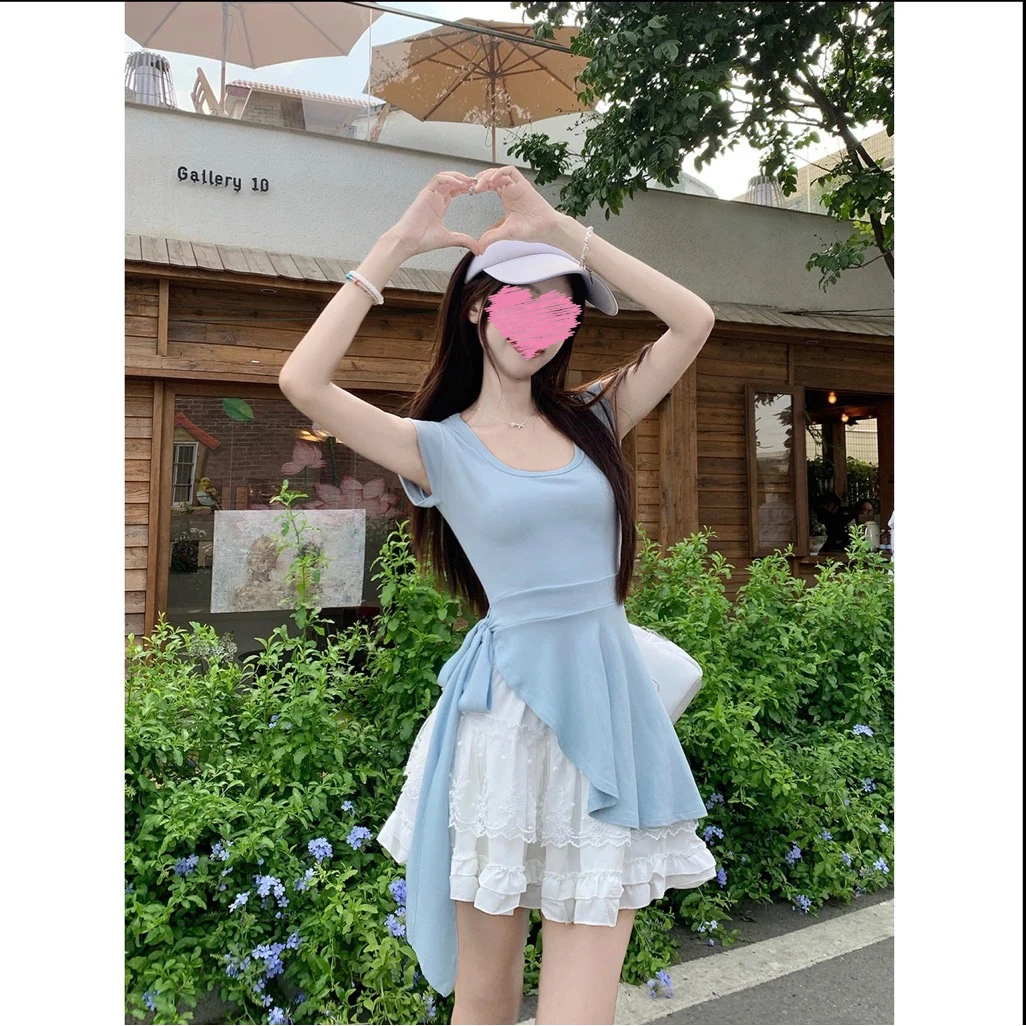 韩系甜美小众气质小飞袖T恤绑带T恤2025新款春夏新款显瘦洋气衣服