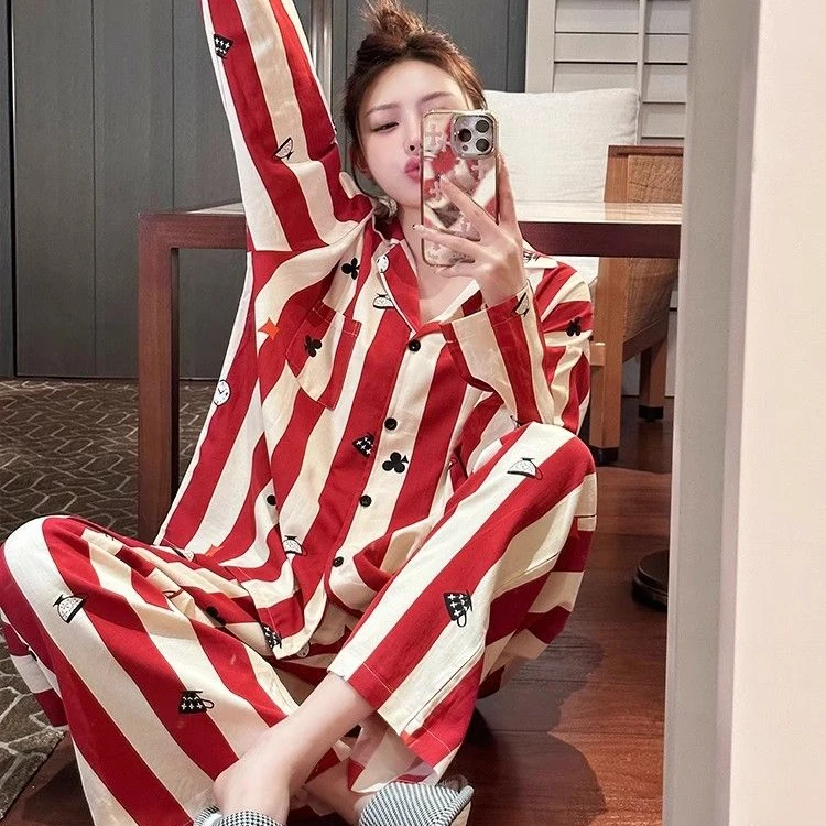 红色条纹睡衣女春秋季高级感简约风ins甜美风气质长袖家居服套装