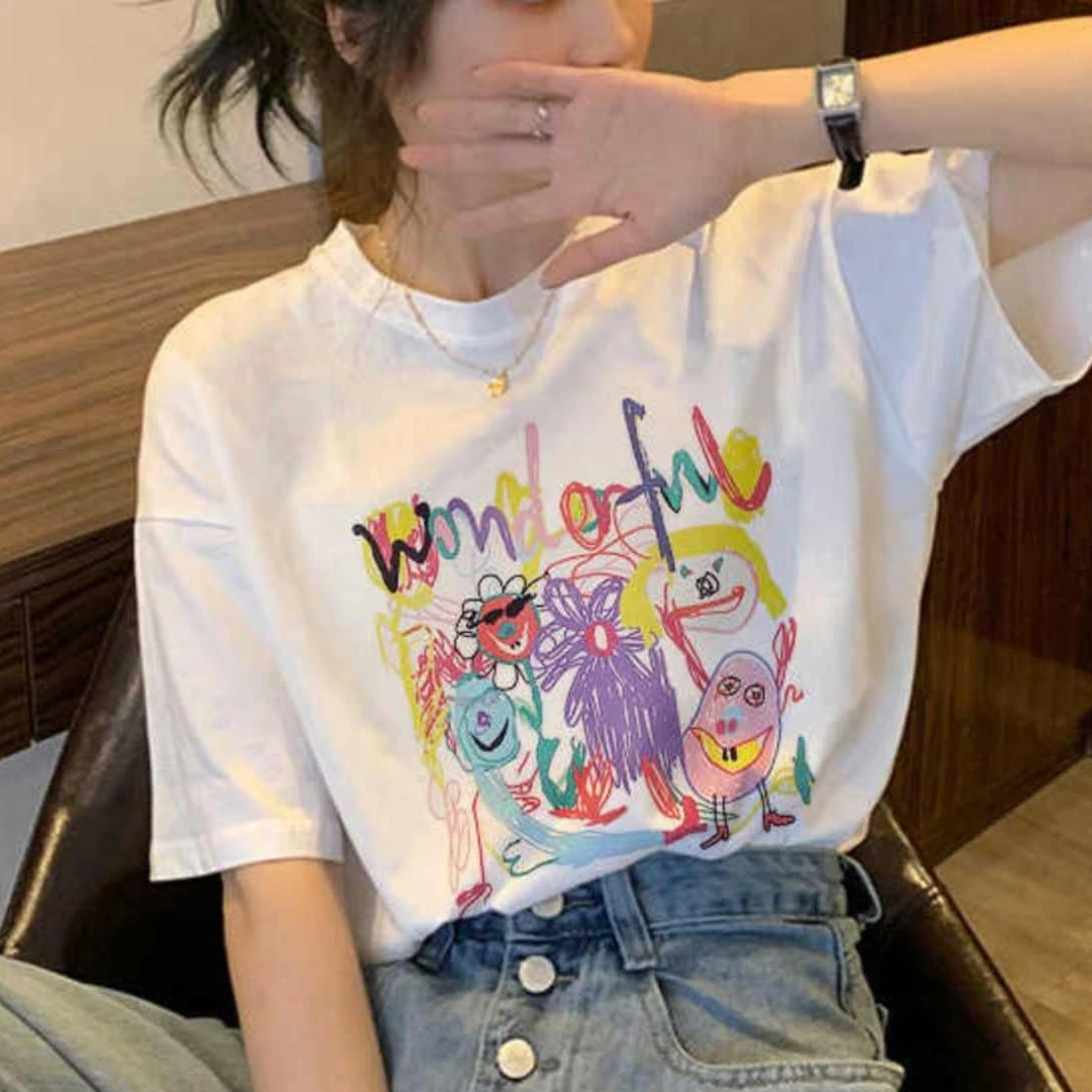 哥弟阿玛施正新款夏季新款白色圆领宽松百搭涂鸦印花短袖T恤上衣