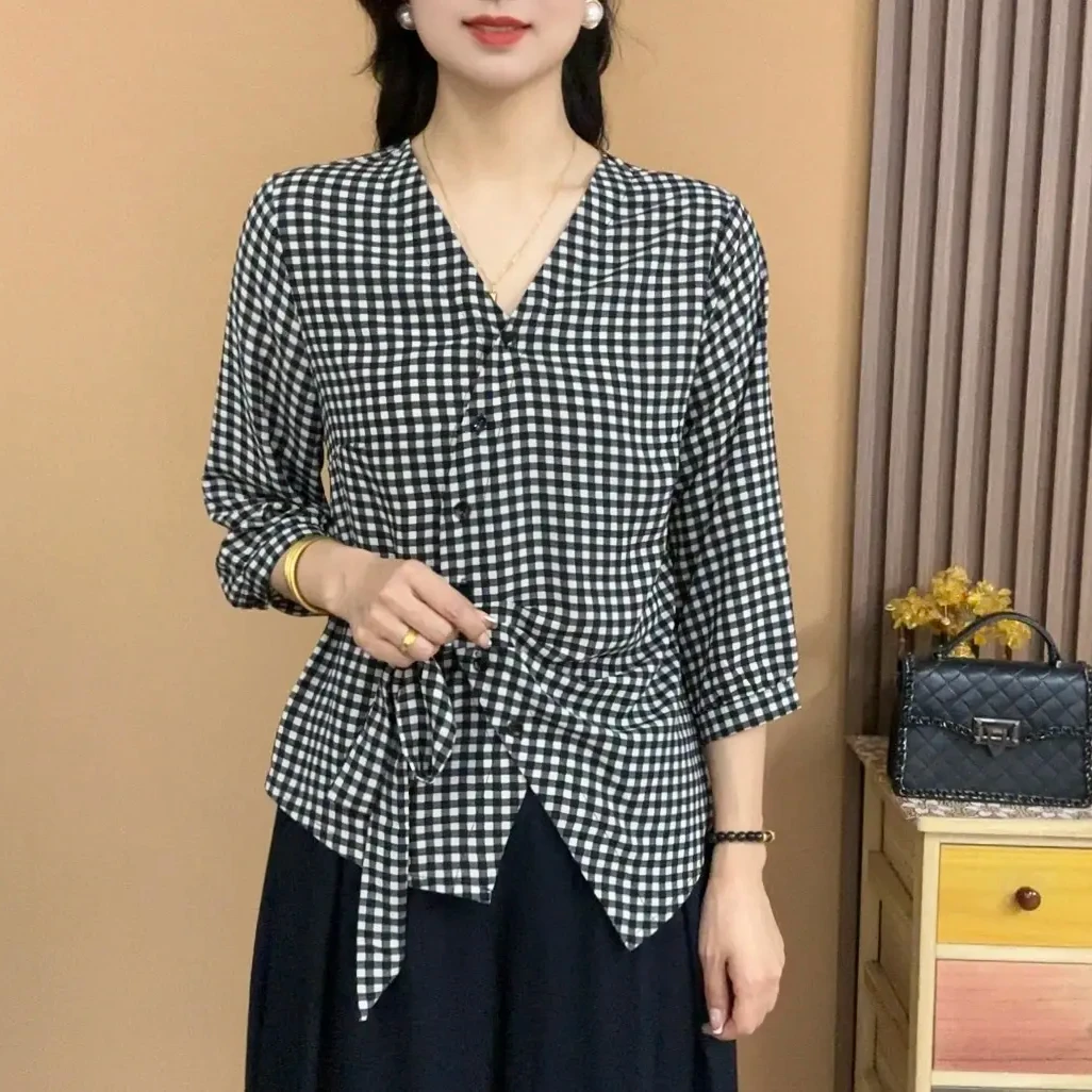 2025早秋新款时尚小格子洋气七分袖气质百搭V领显瘦开衫上衣25823