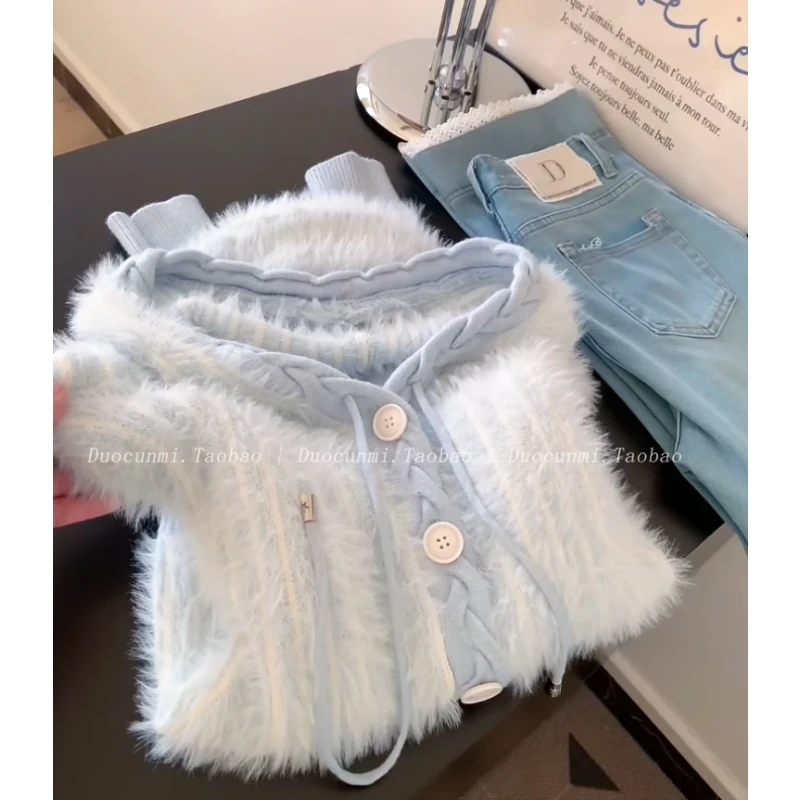 韩系慵懒风蓝色连帽针织开衫女2025秋冬季新款高级感软糯显瘦毛衣