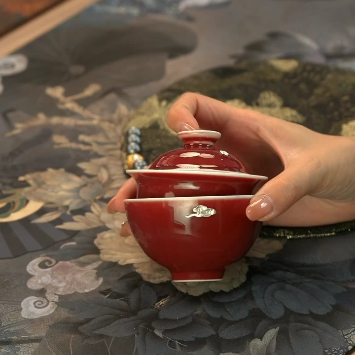 郎红锯钉祥云盖碗单个盖碗+杯子茶具ZHLQ0072