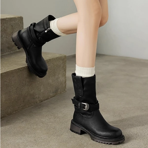 牛皮版~美拉德风中筒靴女圆头皮带扣粗跟马丁靴黑色西部牛仔靴女