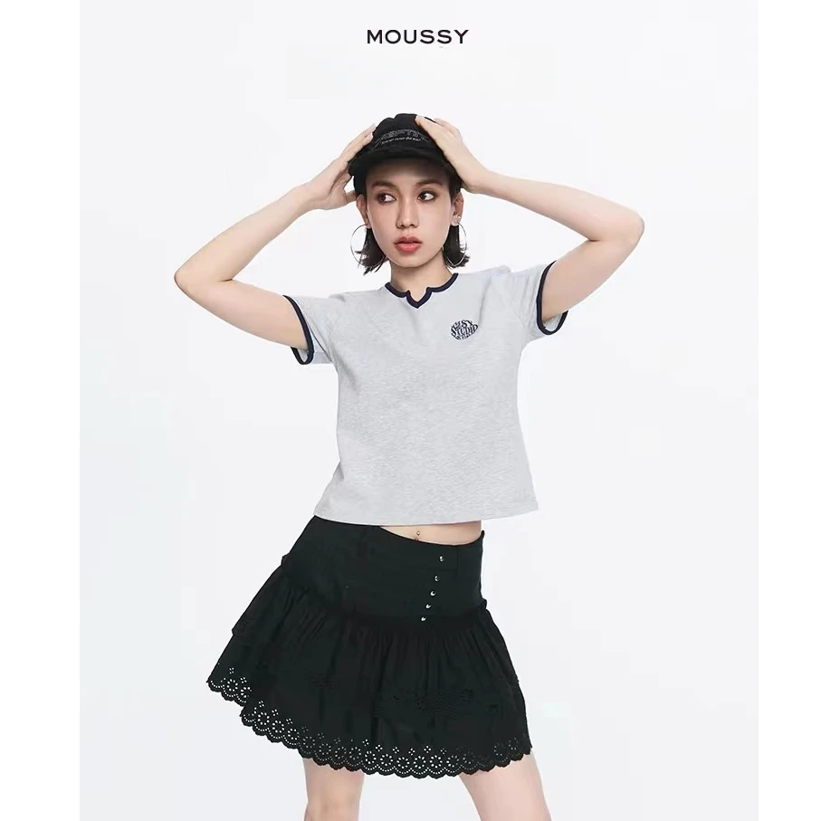 MOUSSY女款百褶T恤女士针织时尚百搭ol翻领学院风短款白色夏季