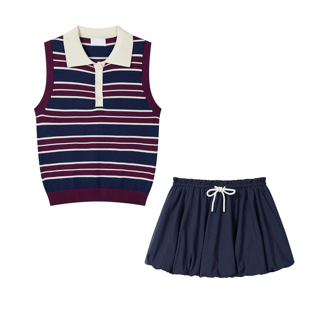 羊城故事-撞色条纹背心花苞半身裙套装女新款学院风两件套5970