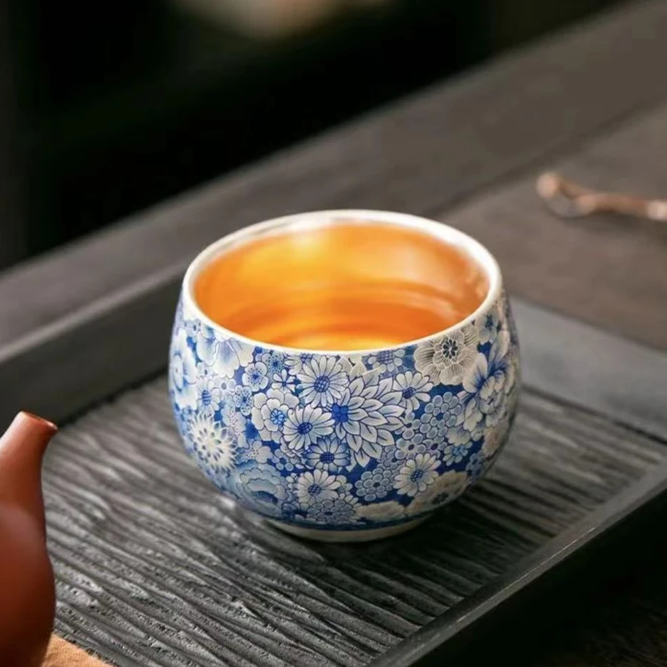 G1090-青花繁花鎏银禅定主人杯（裸瓷）