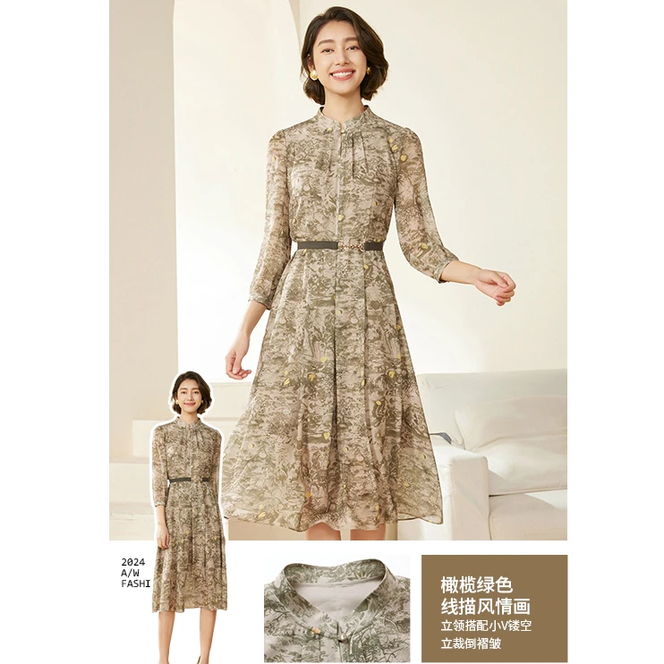 乔万尼长袖裙子2025秋装新款气质绿色收腰显瘦连衣裙EM3E467409