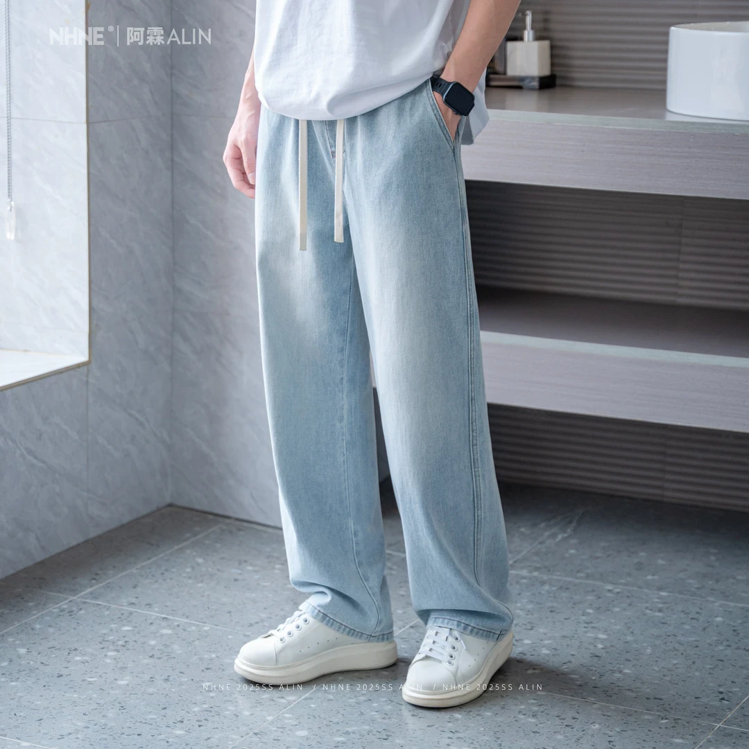 【阿霖ALIN】早秋休闲出门显瘦浅色冰川蓝直筒百搭水洗长牛仔裤男款