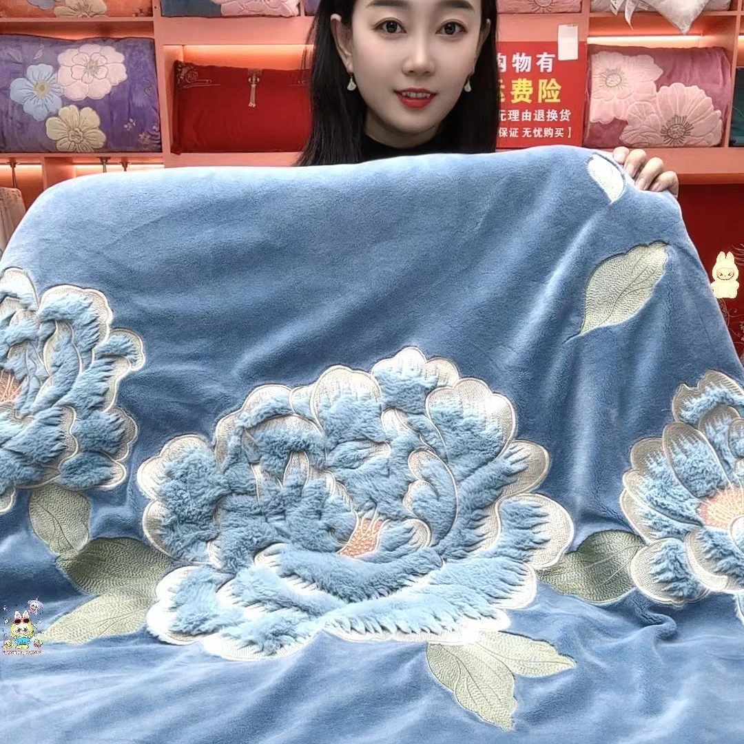 【繁花】蓝轻奢绣花加厚婴肤绒绒四件套刺绣牛奶绒被套床单枕套