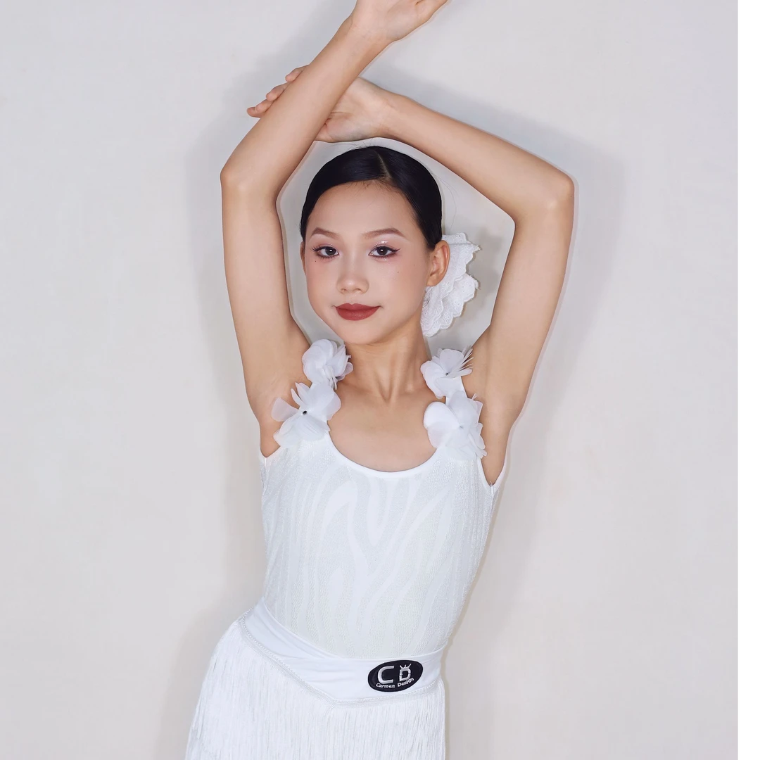 CD卡门2025新品白色天使拉丁练功服网纱浮雕美背流苏修身分体两件