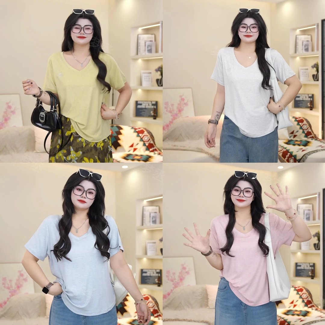 梦丞【心动密语】大码女装夏季圆领纯色系V领刺绣短袖T恤加宽