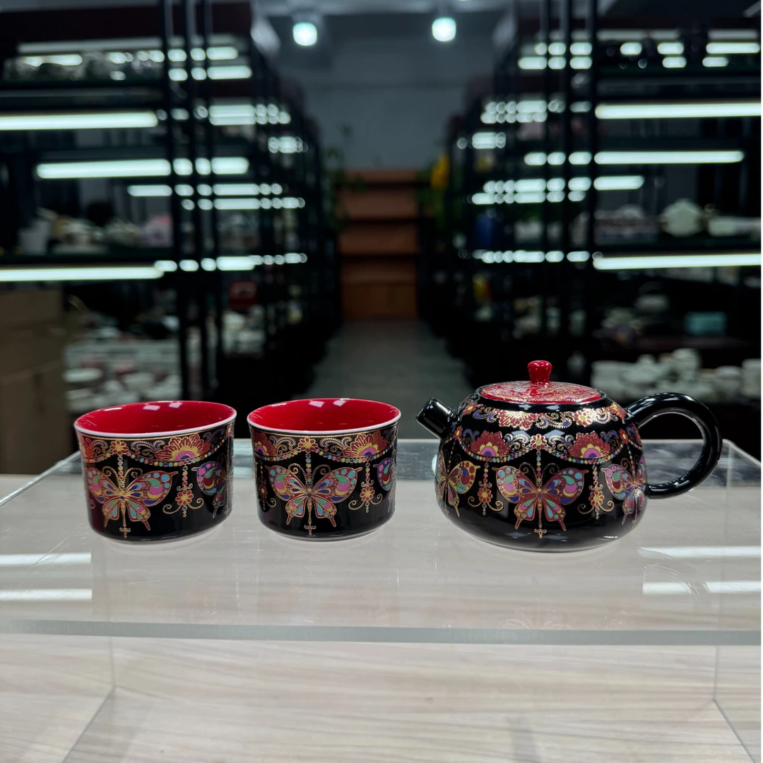 德化云仓 珐琅彩掐丝蝴蝶一壶两杯家用精美小套组无礼盒-2186