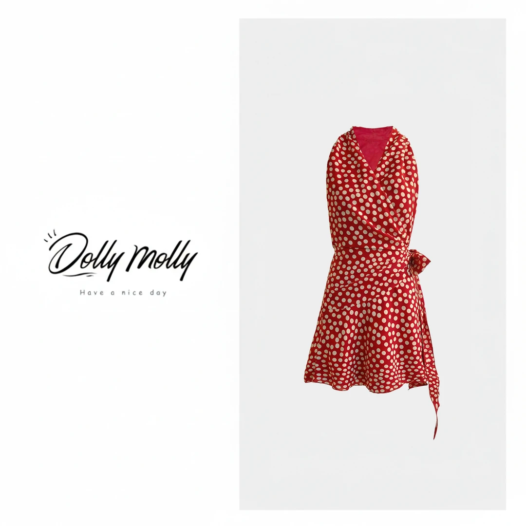 DOLLY&MOLLY复古港风红波点V领连衣裙一片式侧绑后绑带春夏 362