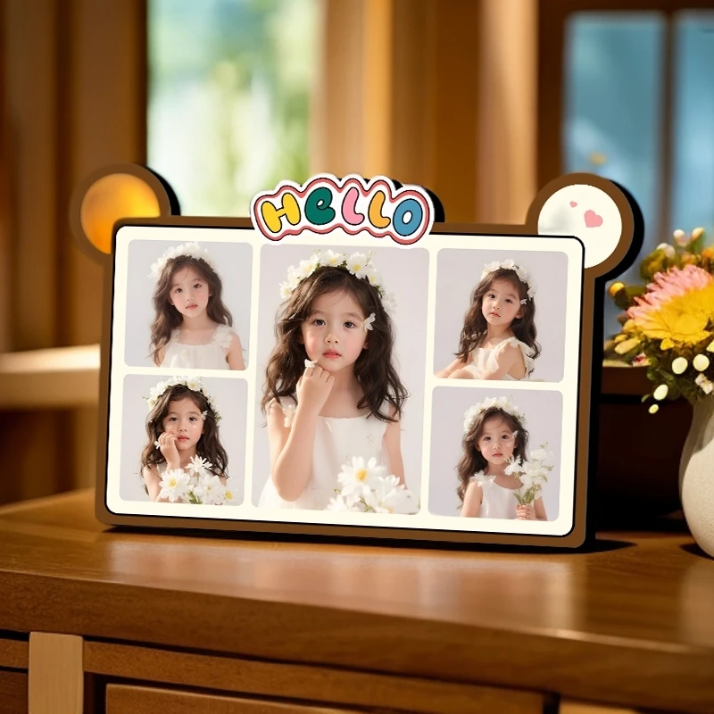 【面包小熊】全新款两宫格水晶高清相框宝宝照来图定制温馨家居摆件