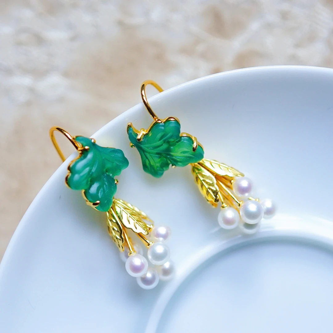 在忆玛瑙珍珠流苏葡萄耳钉