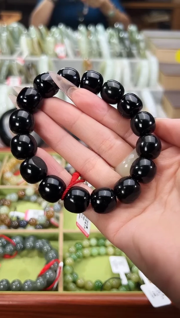 未镶嵌手串和田玉黑青资料了老型珠手串卡13x14