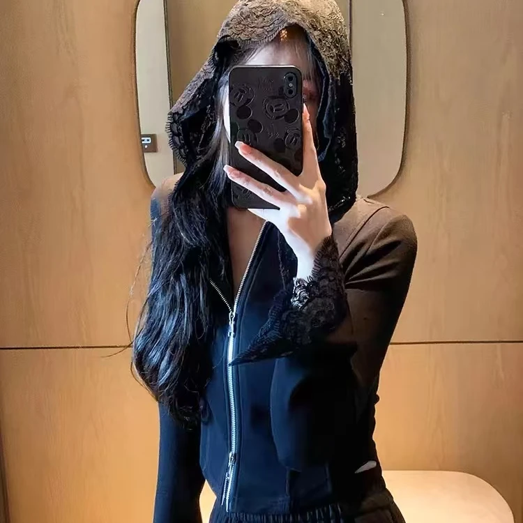 蜗牛家设计款连帽蕾丝款百搭气质款拉链打底衫3638