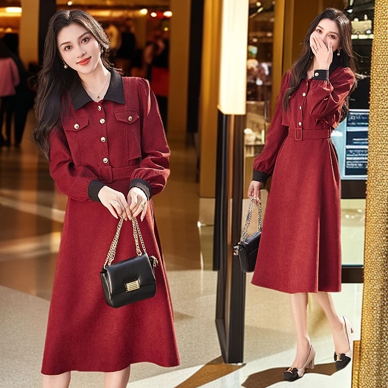 长袖常规春季长裙红色套头连衣裙毛呢春秋时尚气质显瘦收腰