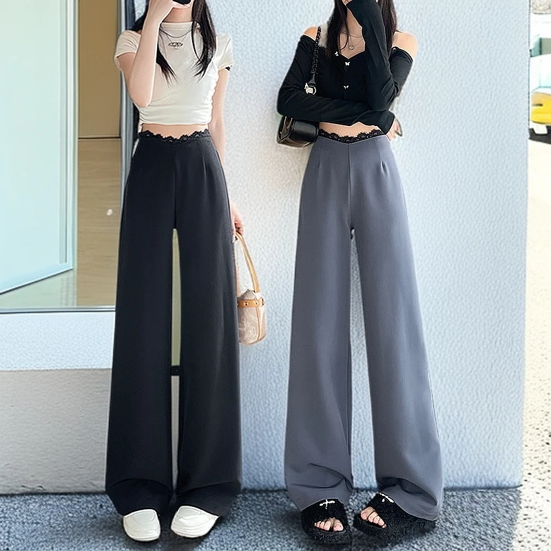 蕾丝拼接阔腿裤女2025春季新款拖地直筒宽松显瘦阔腿裤高腰薄款