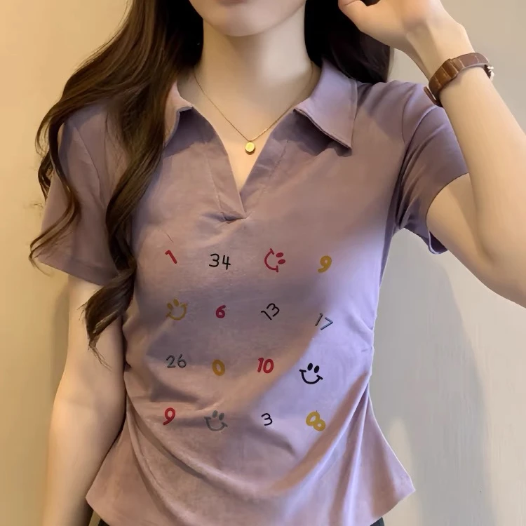 紫色高级感字母印花短袖T恤女夏季韩版减龄设计感polo领修身上衣