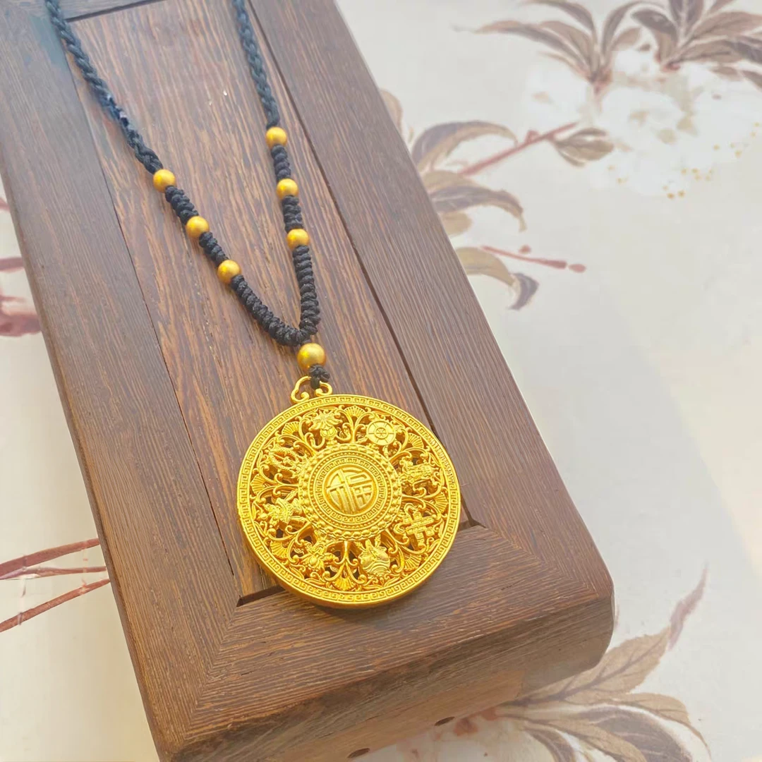 铜合金项链 万福八宝罗盘项链金色福字罗盘毛衣链国潮风0045