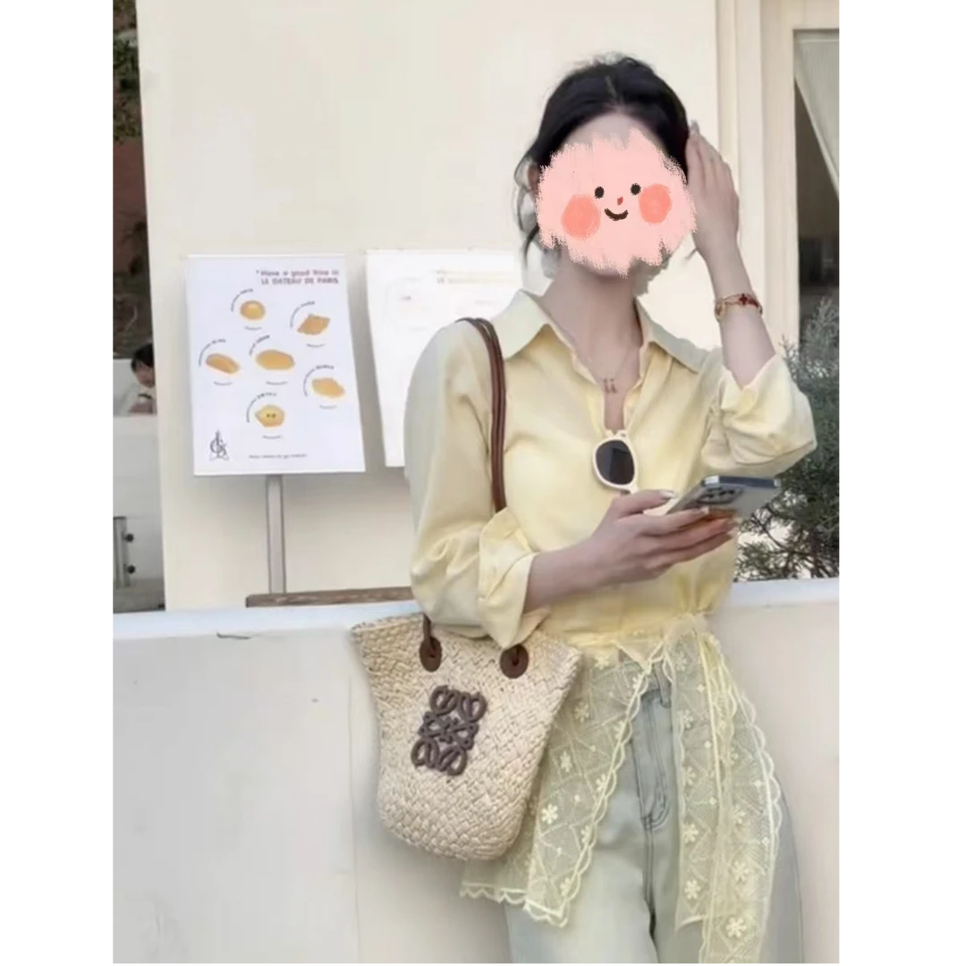 法式chic时尚赫本风黄色长袖衬衫女春季新款蕾丝屁帘气质套装上衣