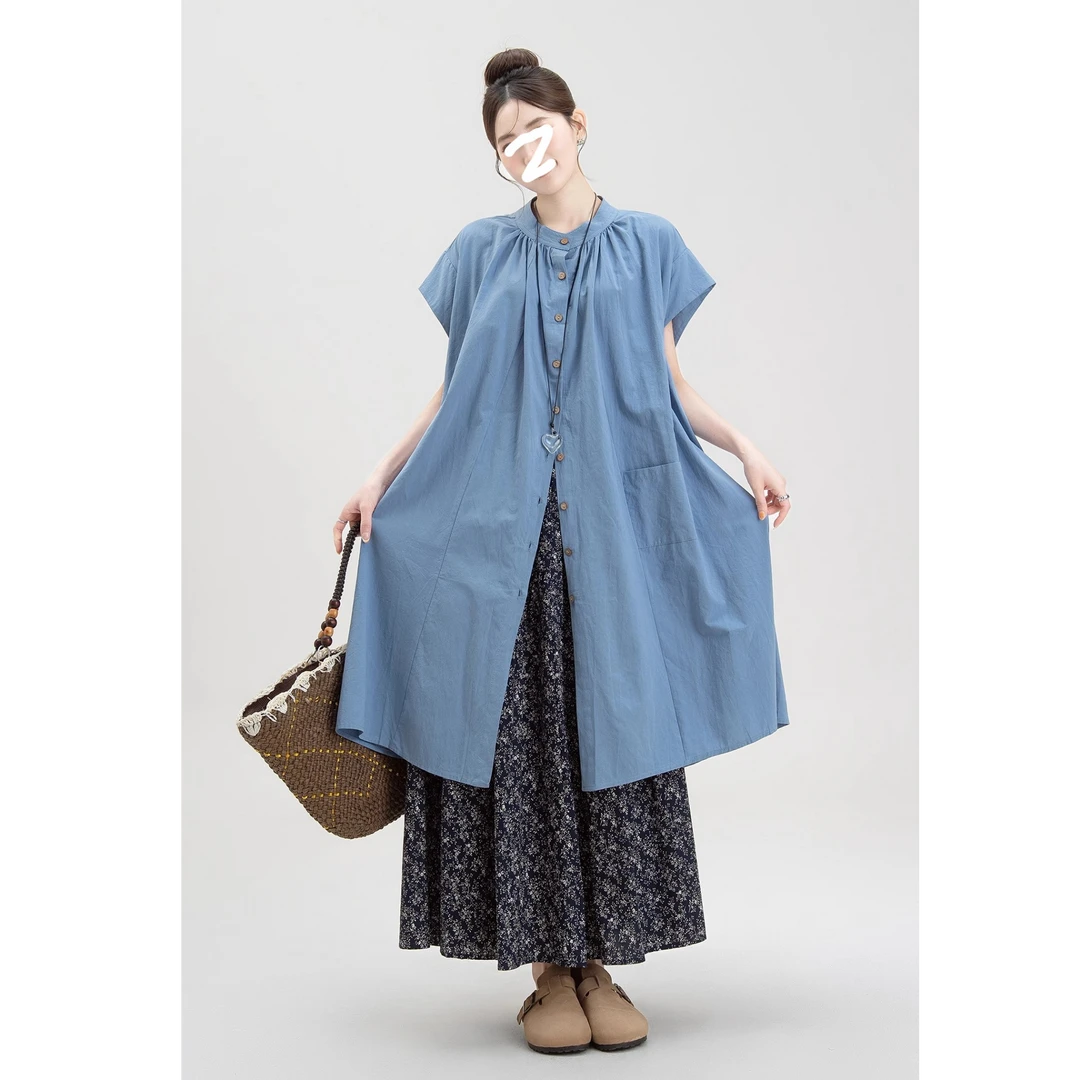 蓝色森系叠穿短袖衬衫裙女夏季新款宽松休闲碎花半身裙子时尚套装