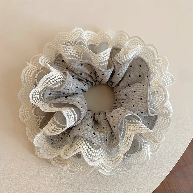 灰色波点蕾丝花边双层大肠发圈女韩系扎头发丸子头发绳低马尾头绳