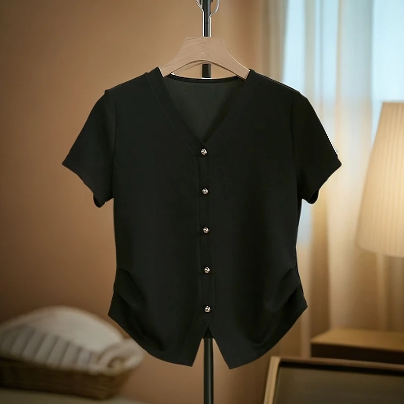 简约百搭纯色短袖T恤女夏季2025新款爆款洋气V领高级感显瘦上衣潮