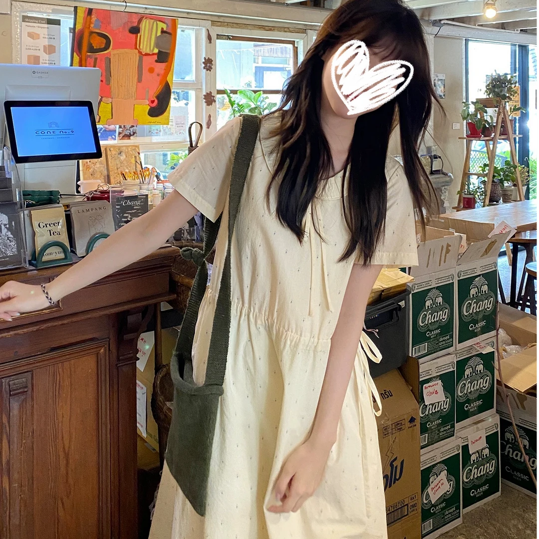 FCYSTUIDOHZJ 花边翻领星星花纯棉连衣裙女夏插袋收腰长款a字裙